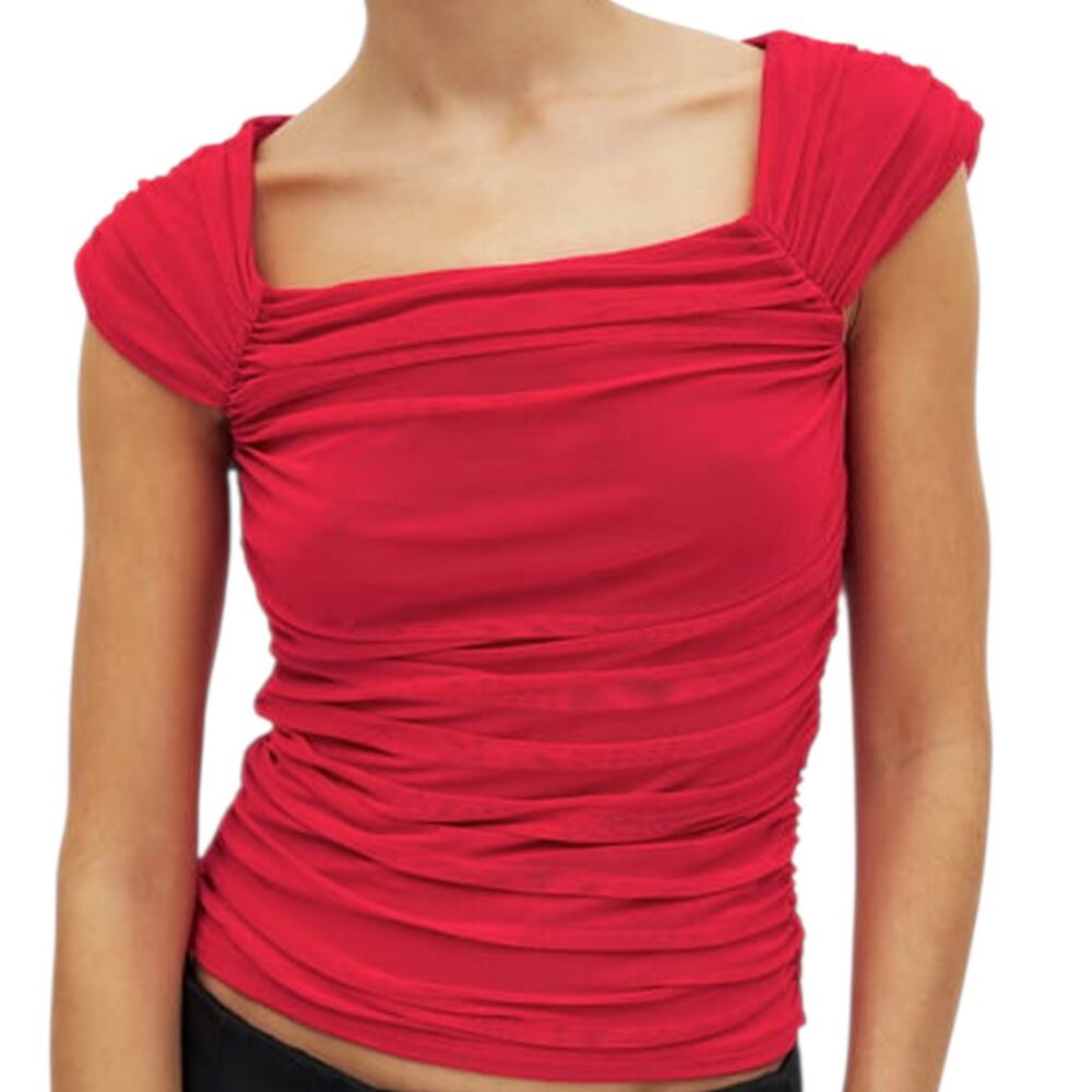 Women's Na-kd Red Scoop Neck Mesh Top Form Fitting Shirt Sleeveless Ruched S